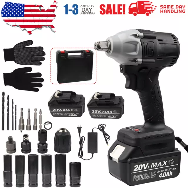 Cordless Electric Impact Wrench Gun 1/2'' High Power Driver with Li-ion Battery