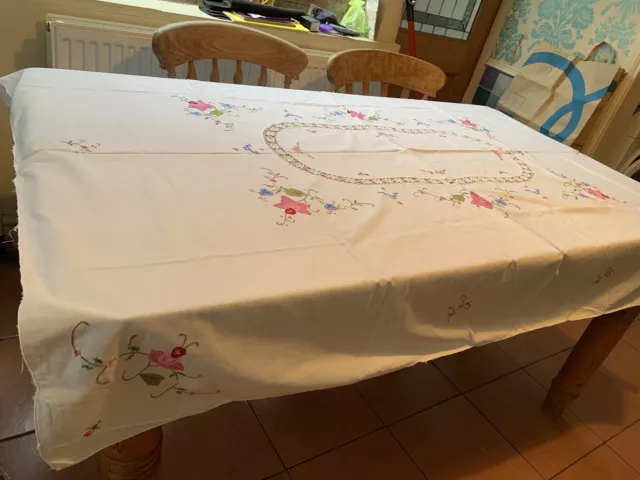 Beautiful Large Hand-Embroidered Vintage Table Cloth 51” X 64” Rectangle