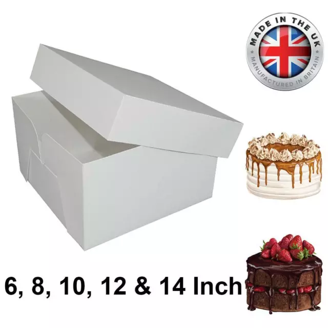 White Cake Box & Lid Stapleless Square 6, 8, 10, 12 & 14 Inch Birthday Wedding