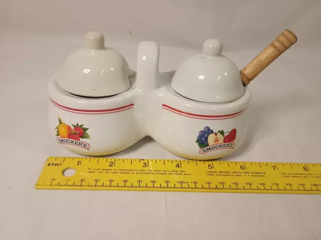 Vintage JM Smuckers Jam Jelly Double Condiment Jar w/ Lids & 1 Spoon