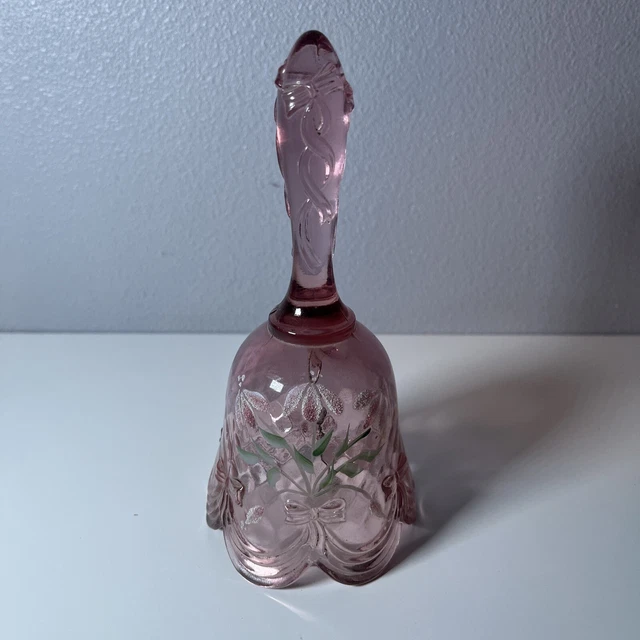 FENTON Art Glass - PINK BELL w RIBBON & BOWS and Hand-painted FLOWERS - SIGNED