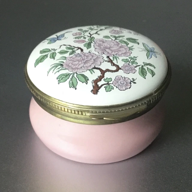 Crummels Pink Enamel Trinket Jewelry Pill Box Butterflies & Peonies England VTG