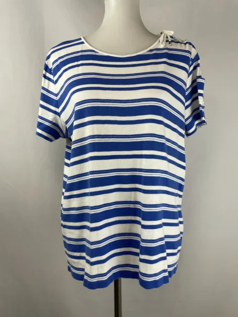 Ralph Lauren T Shirt Blue Stripe Lace Up Monogram Anchor Nautical Womens XL