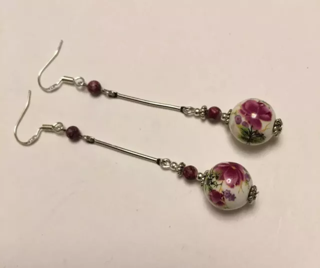 Vintage Art Deco Long Drop PINK Ceramic Flower Bead earrings in Silver Plate.