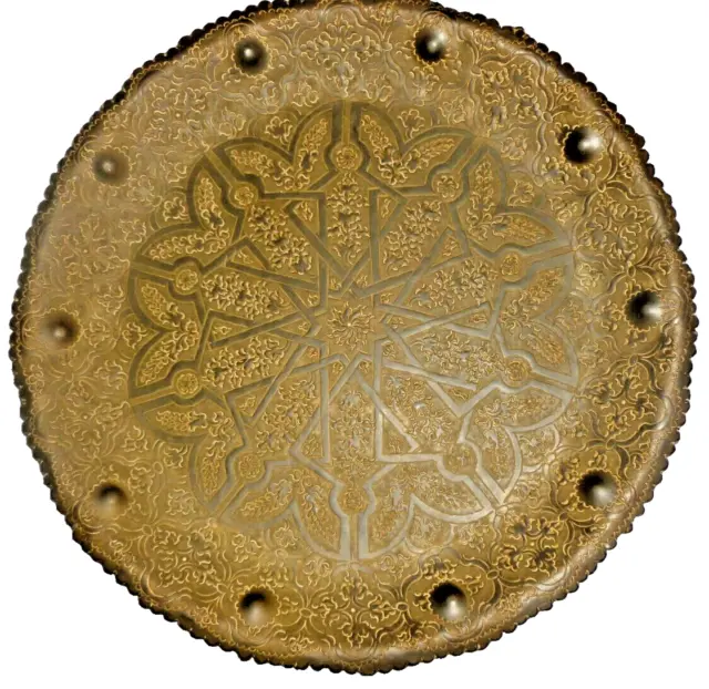 Vintage Persian Mamluk Engraved Brass Plate Platter Dish 13.5"