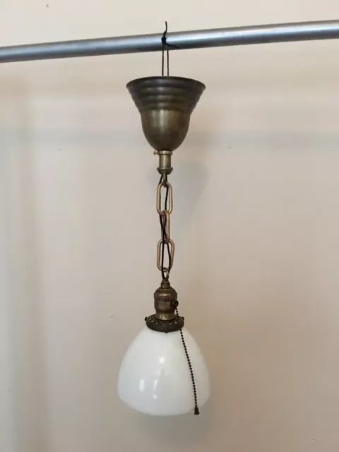 19" Brass Pendant Light Fixture Newly Wired Milk White Shade Globe 8E