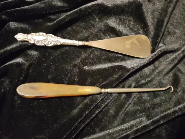 Antiques - Button Hook Faux Tortoiseshell & Embossed Silver Shoe Horn