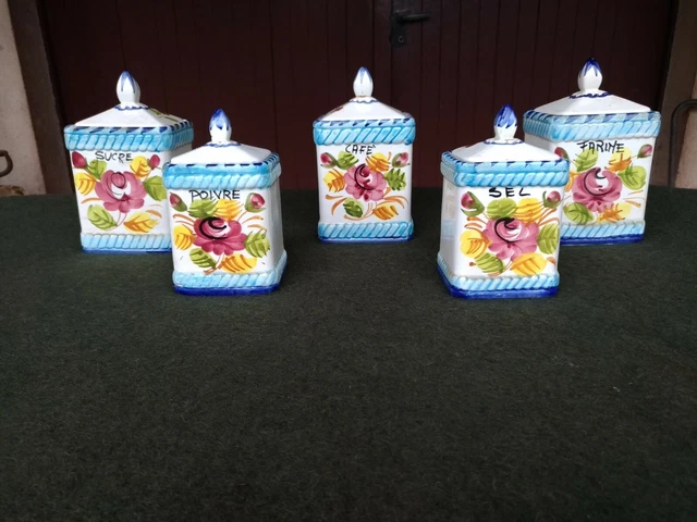 Ancien Service à Épices En Céramique – 6 Pots Avec Couvercles, Décor Bleuets Rétro