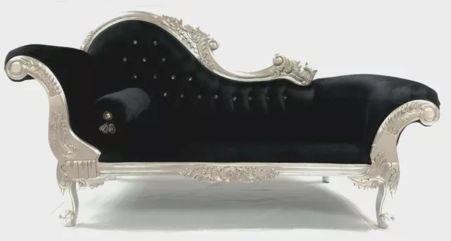 Designers Silver Black Ornate French Velvet Chaise Longue Sofa With Crystals