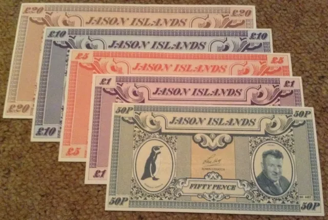 Jason Island Banknote Collection. £20, £10, £5, £1, 50p. Uncirculated lot