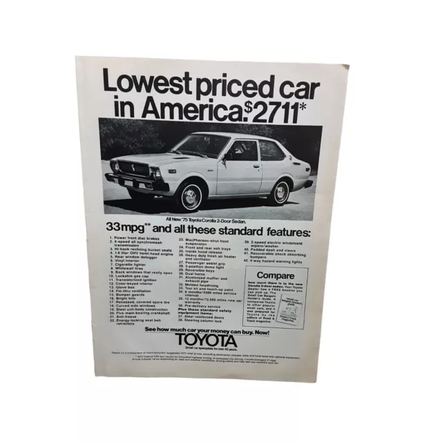1975 Toyota Corolla Lowest Priced Car vintage Original Print ad
