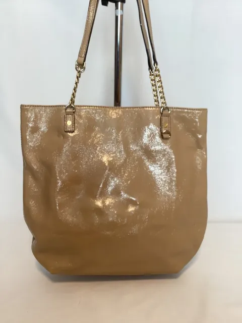 Michael Kors Purse Tote Shoulder Bag Tan Patent Leather Size 15” Wide X 13” Hi
