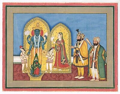 Sikh Peinture Maharaja Gulab Singh De Jammu avec Un Sardar Avant Vishnu Shrine