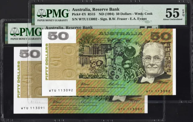 Australia 2 x 50 FIFTY Dollars 47i R515 1994 Fraser Evans PMG55 aUNC EPQ SET