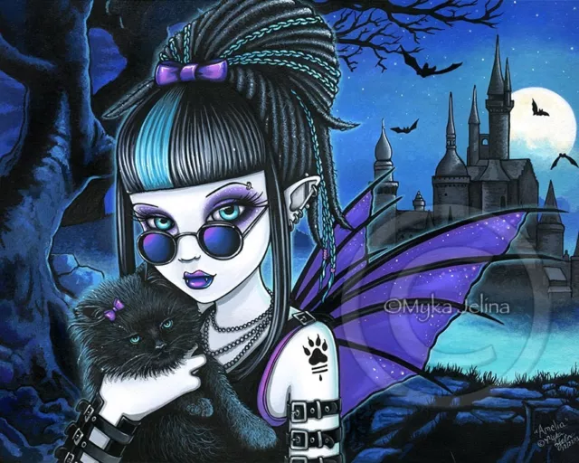 Gothic Vampire Werecat Castle Moon Bat Fairy Myka Jelina Signed Art Print Amelia