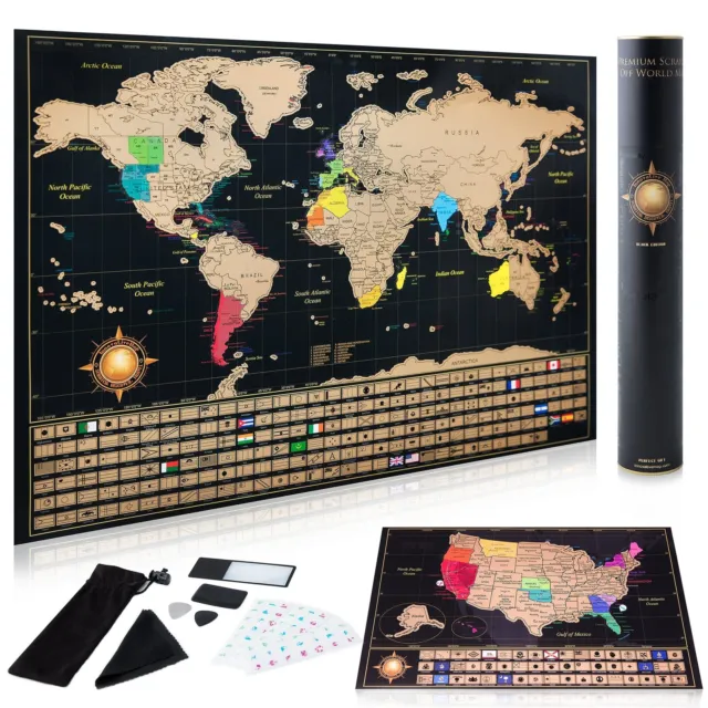 Scratch Off World Map Poster And Deluxe United States Map – Includes Complete