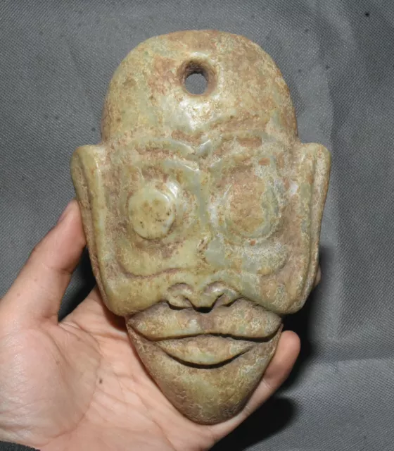 7''Chinese Hongshan Culture Old Jade Carved People Person Face Mask Statue