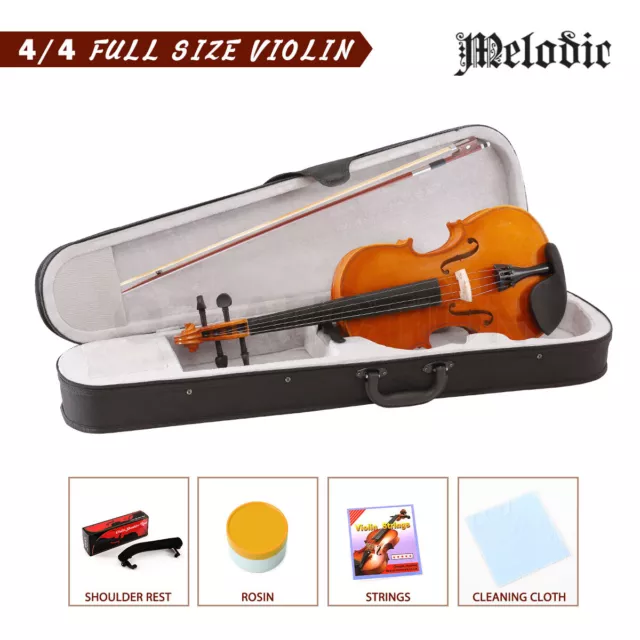 Melodic Acoustic Violin 4/4 Full Size Wooden Natural w/ Bow Rosin Strings 2