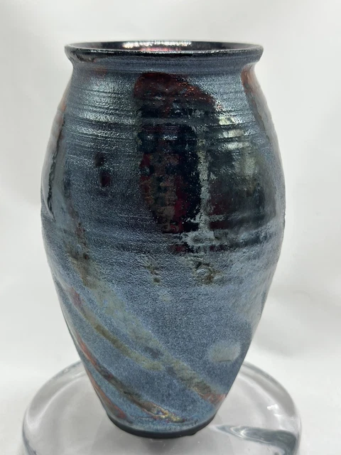 Raku Art Pottery Metallic Iridescent Vase Signed Lynne Anderson Shekinah Clay
