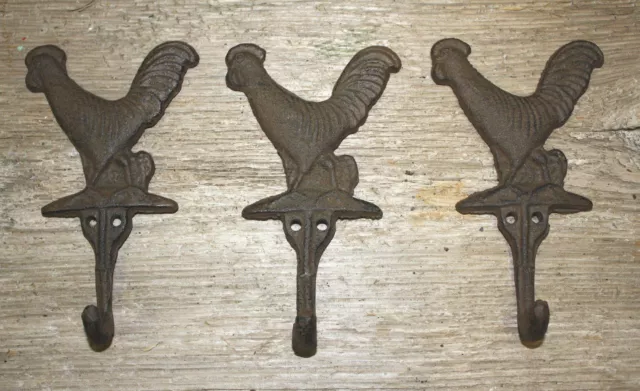 3 Cast Iron ROOSTER Towel Hanger Coat  Hat Hooks, Key Rack  HEN Hook CHICKEN