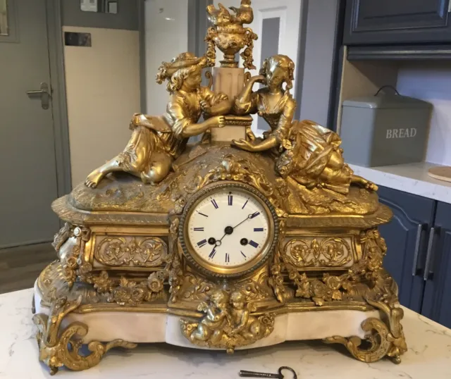 A Fine Quality Large Antique Gilt Bronze Mantel Clock, Roblin Paris Circa 1870.