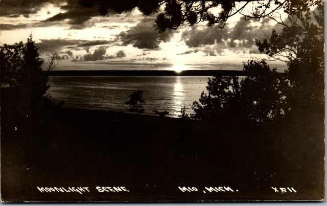 Vintage Michigan MI RPPC Real Photo Postcard Moonlight Lake Scene Mio