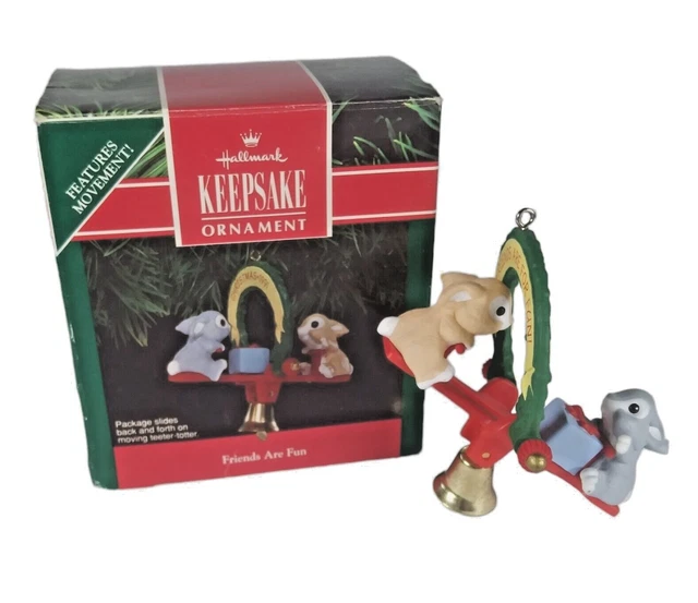 Vintage HALLMARK Ornament FRIENDS ARE FUN Bunny Rabbits on Teeter Totter 1991