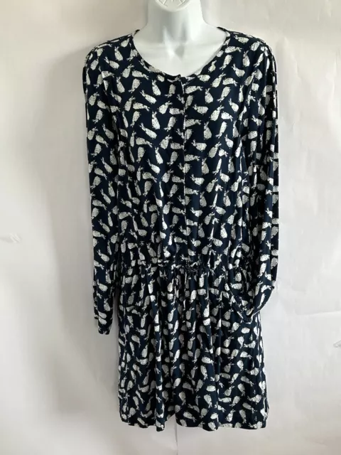 Paul & Joe Sister Dress Womens 8 Navy White Bunny Graphic 1/2 Button Up Lined