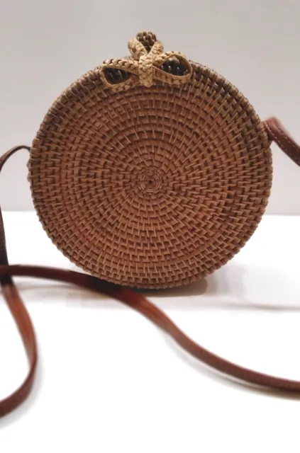 Round Straw Rattan Bag Handmade Woven Cross Body Bag Purse Vintage New