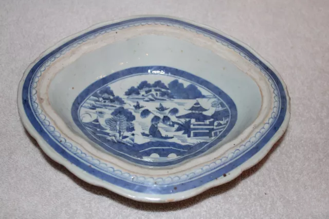19th C. Antique Chinese Qing Canton Blue White Porcelain Vegetable Dish