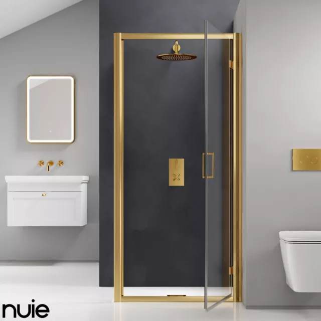 Nuie Rene Hinged Brushed Brass Shower Door Enclosure Modern 6mm Safety Glass