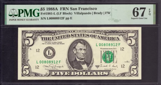 1988 A $5 Federal Reserve Note San Francisco Fr 1981 L Pmg Superb Gem 67 Epq