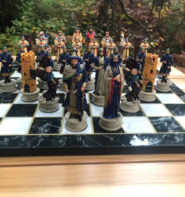 Chess Set Crusaders Chess Pieces Hand Painted Marble Wood Chess Board Gift Idea