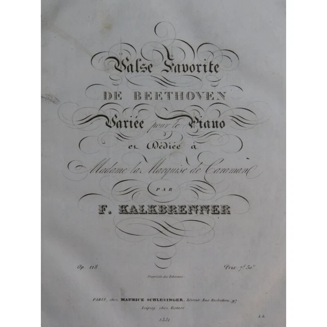 KALKBRENNER Frédéric Valse Favorite de Beethoven op 118 Piano ca1833