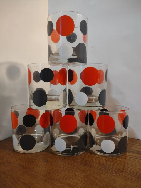 Vtg MORGAN MCM Red Black and White Polka Dot High Ball/Old Fashioned  Set of 6