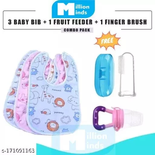 Combo Pack of 3 Pcs Waterproof Baby Bib Apron with 1 PC Fruit Feeder