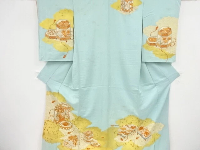 44403# Japanese Kimono / Antique Kimono / Embroidery / Cloud With Bucket