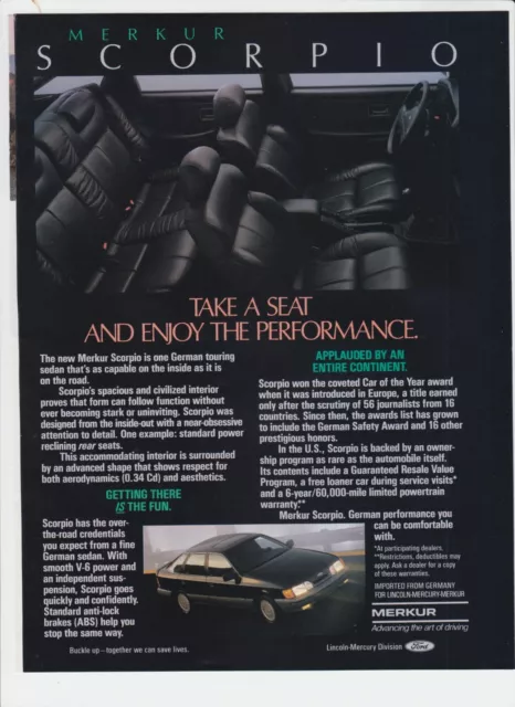 Merkur Scorpio 1987 Print Ad 8"x11"  Mercury German Performance Sedan