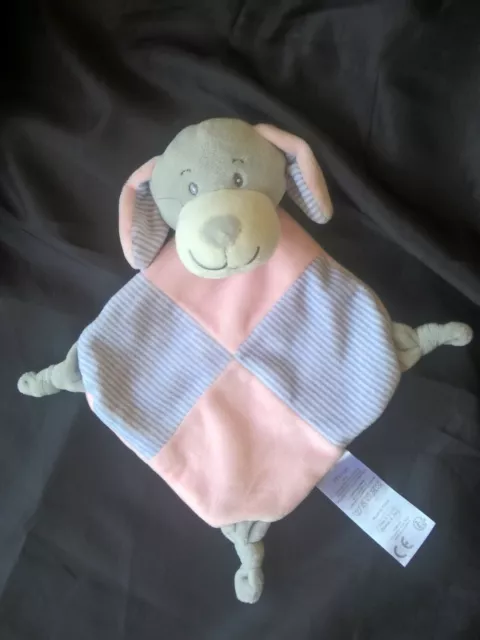Doudou plat chien rose raye gris blanc tom et kiddy grelot  comme neuf