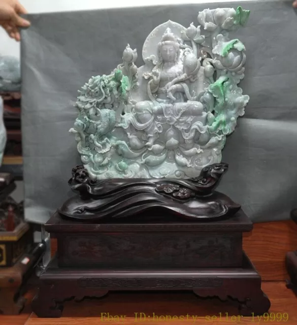 top Natural Emerald Green Jade Jadeite lotus Kwan-yin Guanyin goddess statue