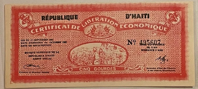 Haiti - 5 Gourdes - 1962/64 - s502 - Certificat de Liberation Economique - RARE