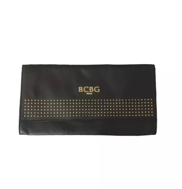 BCBG Paris Black faux leather clutch w/ goldstone studs studded, snap purse