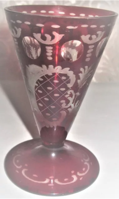 Bohemian Egermann Ruby Red Cut To Clear Liqueur Glass Etched Goblet ~ 3.25" Vtg