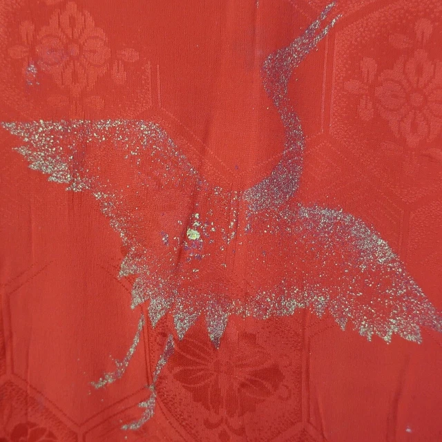 8876B2 Silk Vintage Japanese Kimono Juban Crane Birds Rinzu
