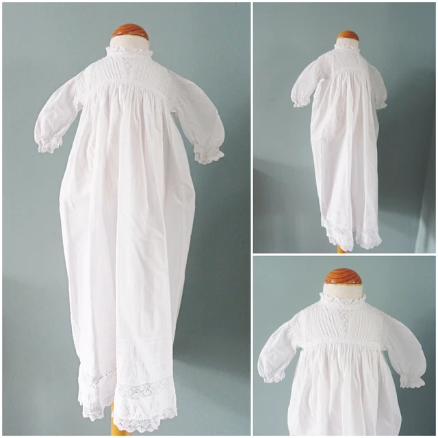 Abito Antico Bambino Inserti Pizzo Inserti Cotone Floreale Spilla Bianca Tucks Ragazze c1900