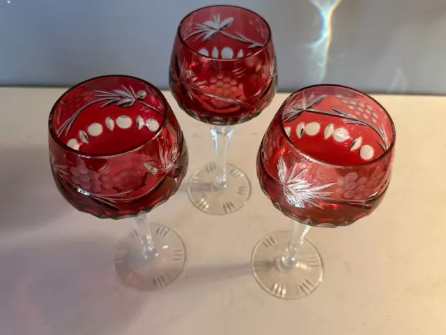 LAUSITZER CUT TO CLEAR CRYSTAL BOHEMIAN HOCK WINE GLASS GRAPES RUBY RED SET of 3