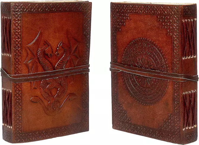 Antique Leather Journal, Leather Bound Writing Pad, Dragon Embossed Blank Unline