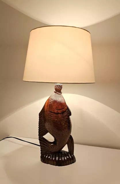 Vintage Handmade Unique Fish Wood Carved  Table Lamp  Tall 63 Cm