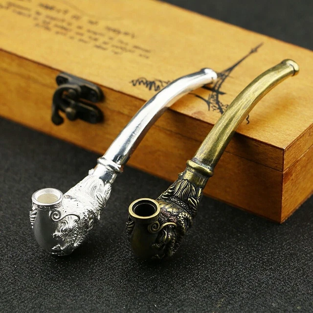2PS Chinese Copper Carved Silver Phoenix Bronze Dragon Smoking Tobacco Pipe tool
