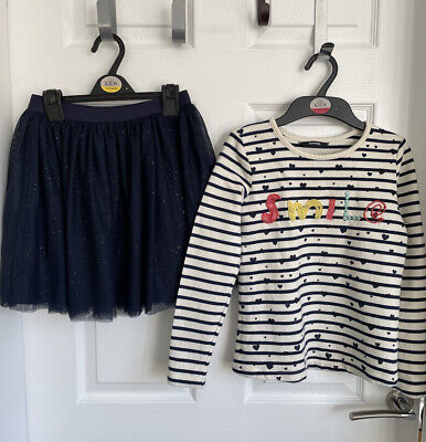Girls Navy Blue Cream Mix GEORGE/POCOPIANO Skirt Top Outfit Set - Age 8-10yrs